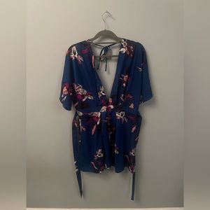 Blue Floral Tropical Deep V Sleeved Mini Dress